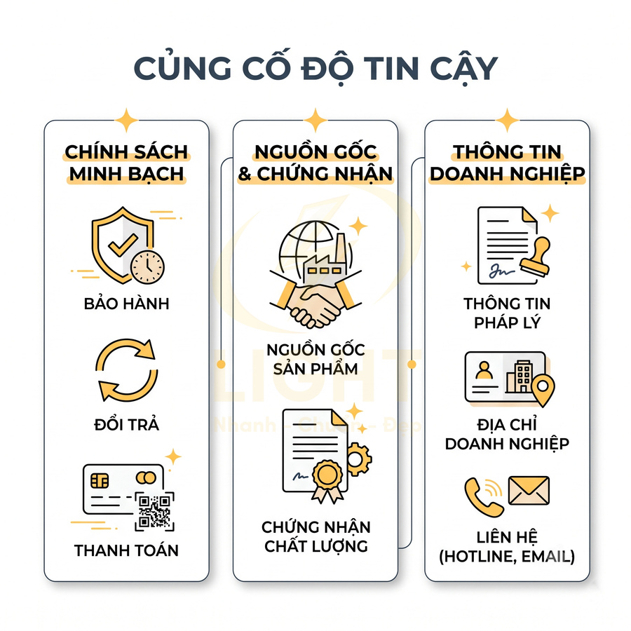 Infographic củng cố độ tin cậy với chính sách minh bạch, nguồn gốc chứng nhận và thông tin doanh nghiệp