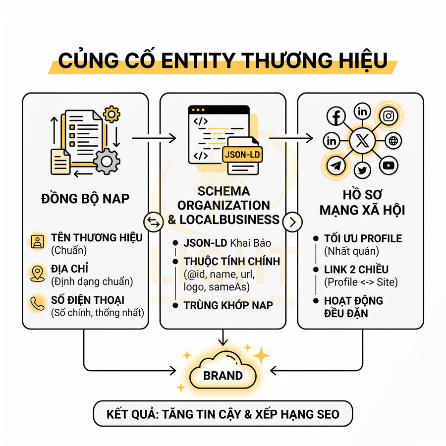 Sơ đồ quy trình đồng bộ NAP, schema JSON LD và hồ sơ mạng xã hội để củng cố entity thương hiệu và tăng xếp hạng SEO