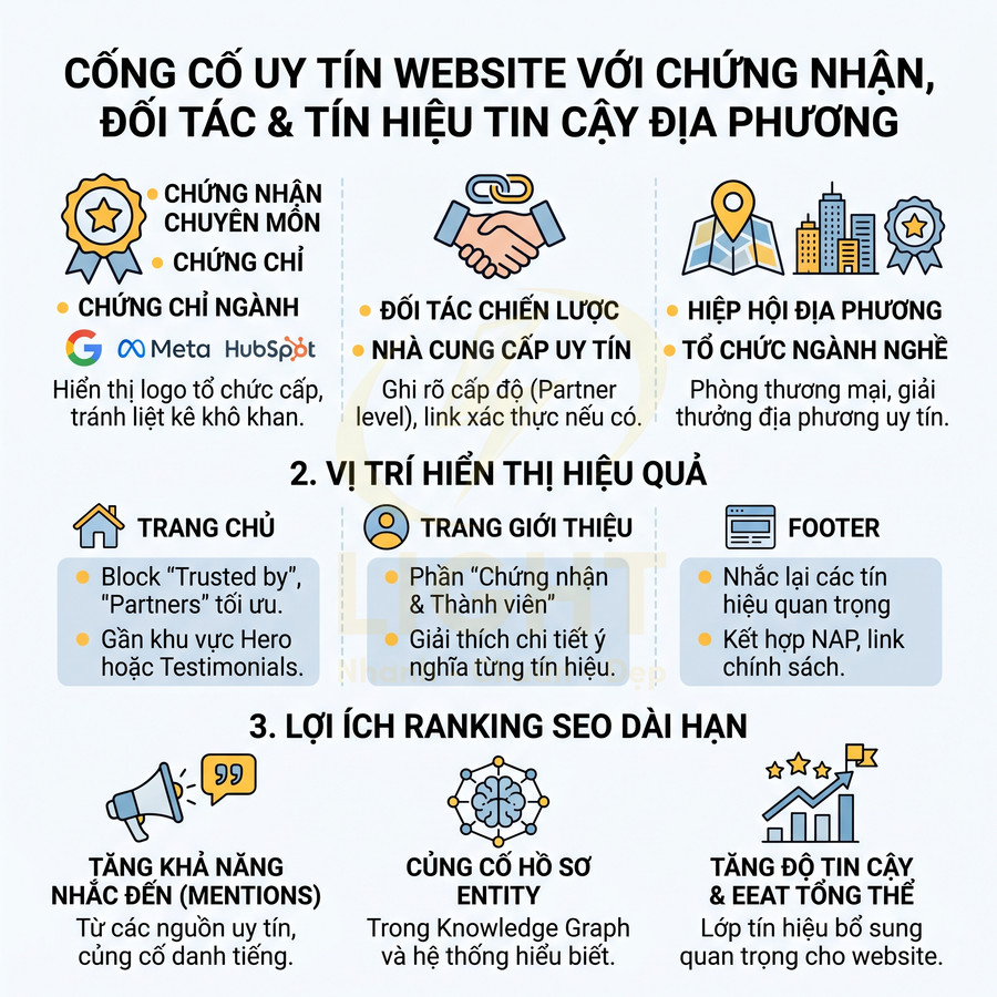 Infographic hướng dẫn tăng uy tín website bằng chứng nhận, đối tác chiến lược và tín hiệu tin cậy địa phương cho SEO