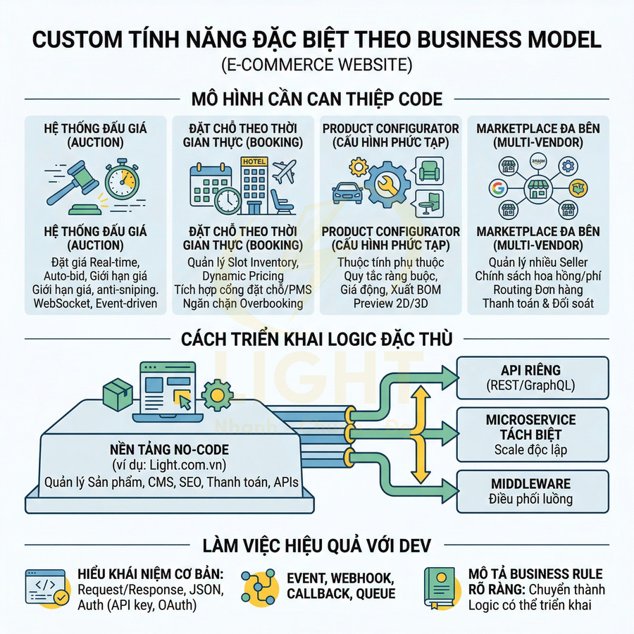 Infographic mô tả các tính năng custom cho website e commerce và cách triển khai logic đặc thù với nền tảng no code