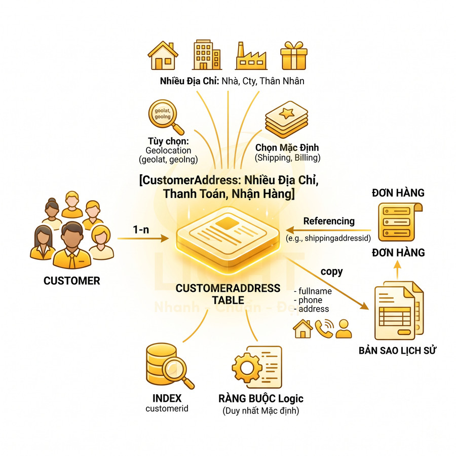 Sơ đồ bảng CustomerAddress quản lý nhiều địa chỉ giao hàng thanh toán cho khách hàng trong hệ thống đơn hàng