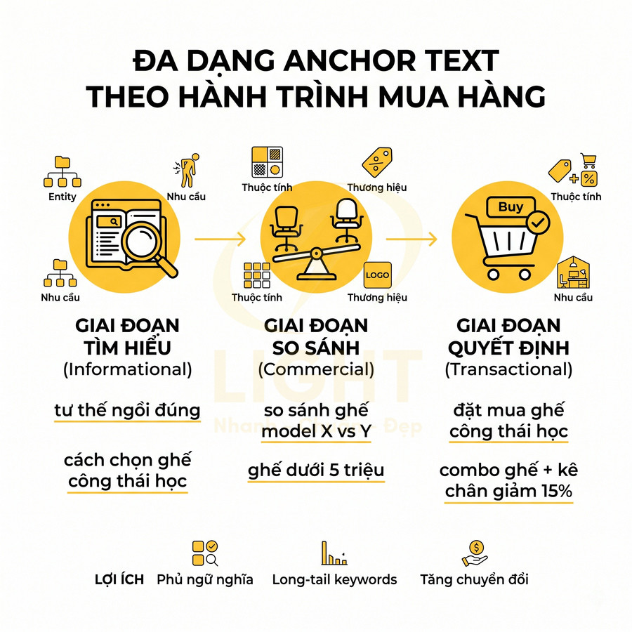 Mô tả các giai đoạn anchor text theo hành trình mua ghế công thái học từ tìm hiểu đến quyết định mua