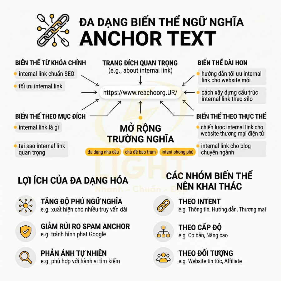 Infographic hướng dẫn đa dạng hóa anchor text và internal link chuẩn SEO với các nhóm biến thể và lợi ích chi tiết