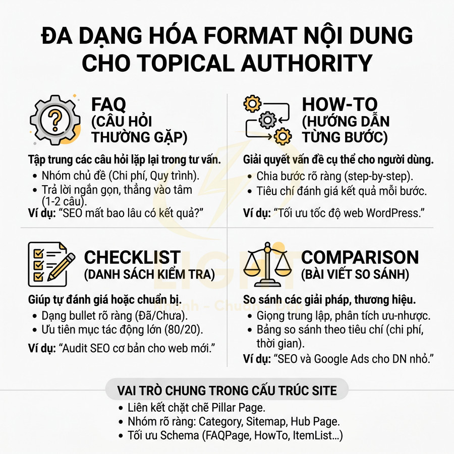 Các dạng format nội dung SEO gồm FAQ, how to, checklist, comparison và vai trò trong cấu trúc website