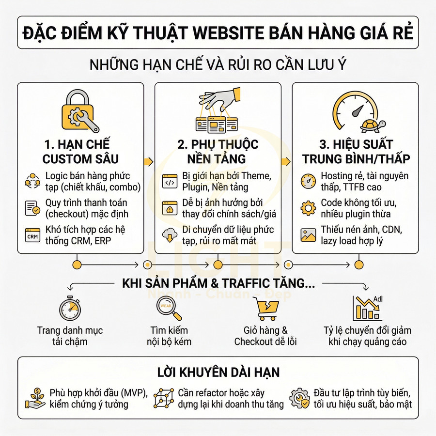 Infographic về hạn chế kỹ thuật và rủi ro của website bán hàng giá rẻ và lời khuyên tối ưu lâu dài