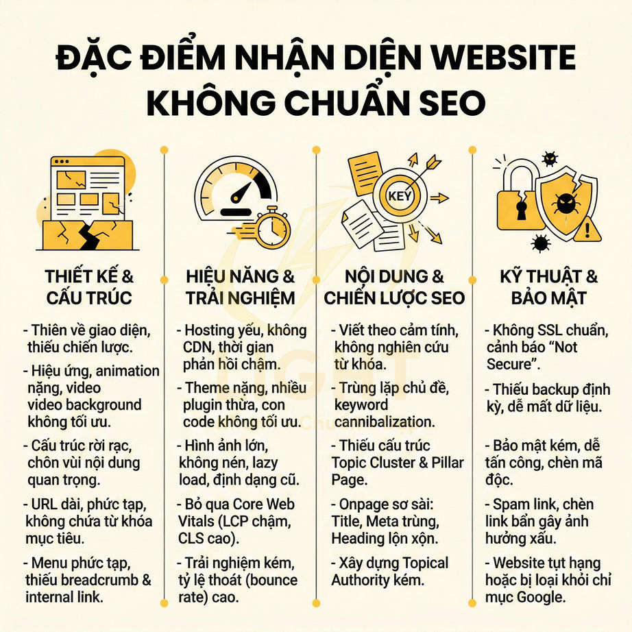 Infographic liệt kê các đặc điểm nhận diện website không chuẩn SEO về thiết kế, hiệu năng, nội dung và bảo mật