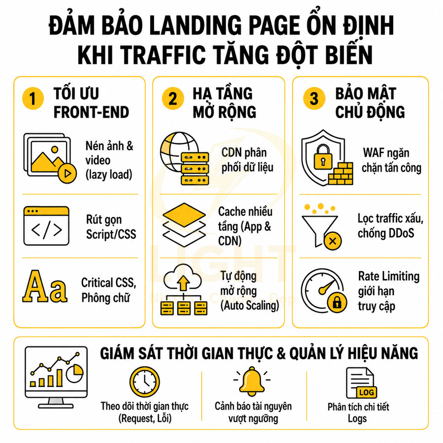Infographic hướng dẫn tối ưu landing page ổn định khi traffic tăng đột biến với các giải pháp kỹ thuật và bảo mật