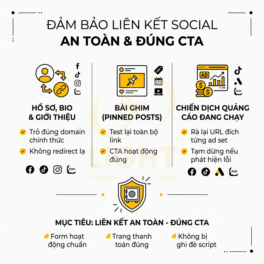 Hướng dẫn đảm bảo liên kết social an toàn và đúng CTA cho hồ sơ, bài ghim và chiến dịch quảng cáo
