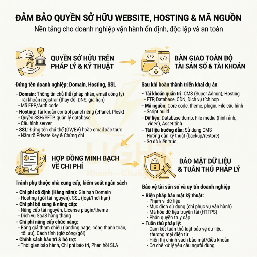 Infographic hướng dẫn đảm bảo quyền sở hữu website hosting mã nguồn bảo mật dữ liệu và hợp đồng chi phí minh bạch