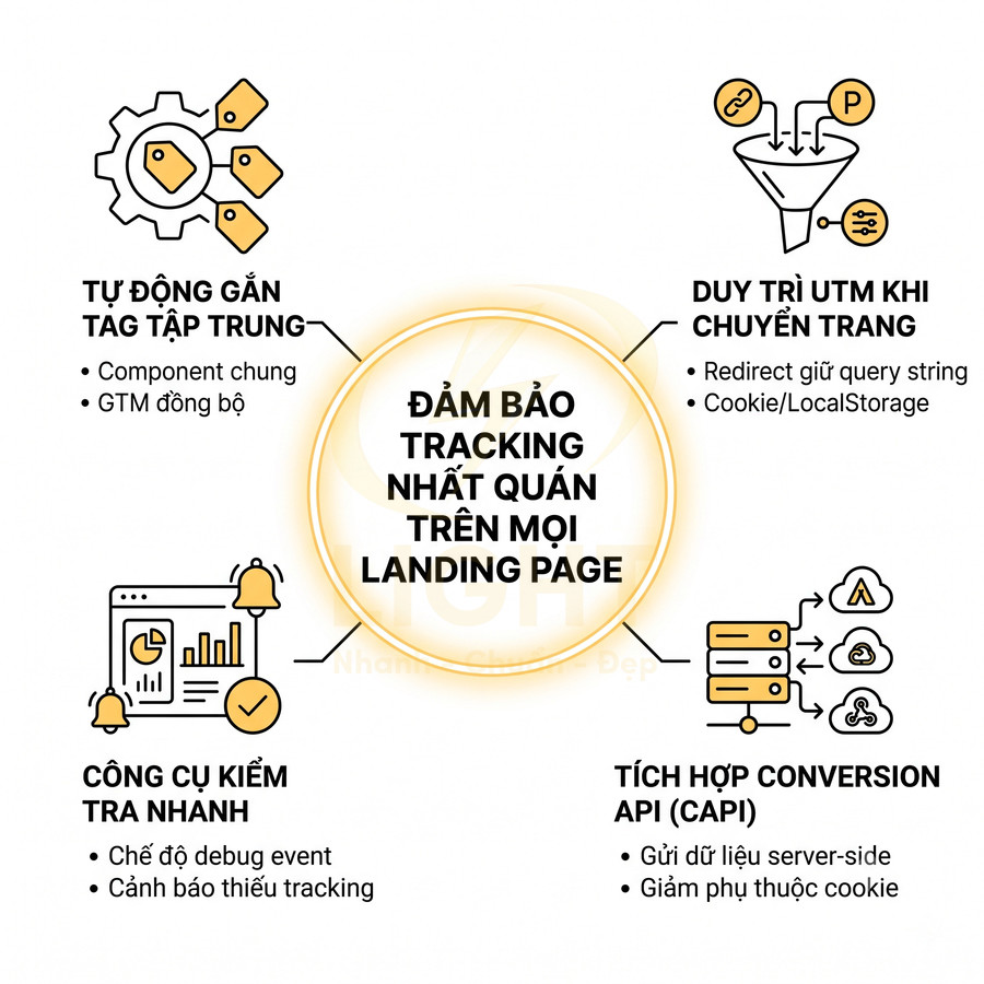 Giải pháp đảm bảo tracking nhất quán trên mọi landing page với gắn tag tự động, giữ UTM, kiểm tra nhanh và tích hợp CAPI