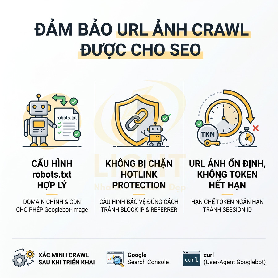 Hướng dẫn đảm bảo URL ảnh được crawl cho SEO với cấu hình robots txt, hotlink protection và token ổn định
