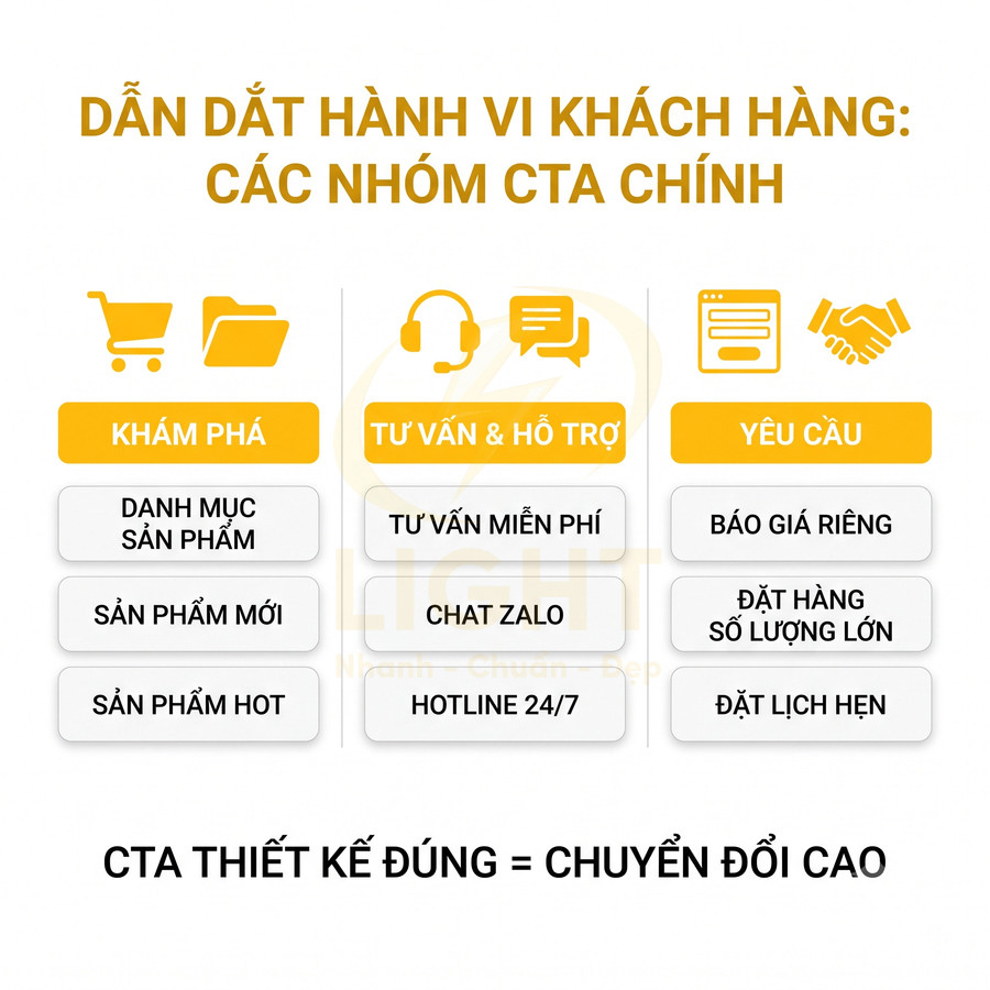 Infographic nhóm CTA chính: khám phá sản phẩm, tư vấn hỗ trợ, yêu cầu báo giá và đặt hàng số lượng lớn