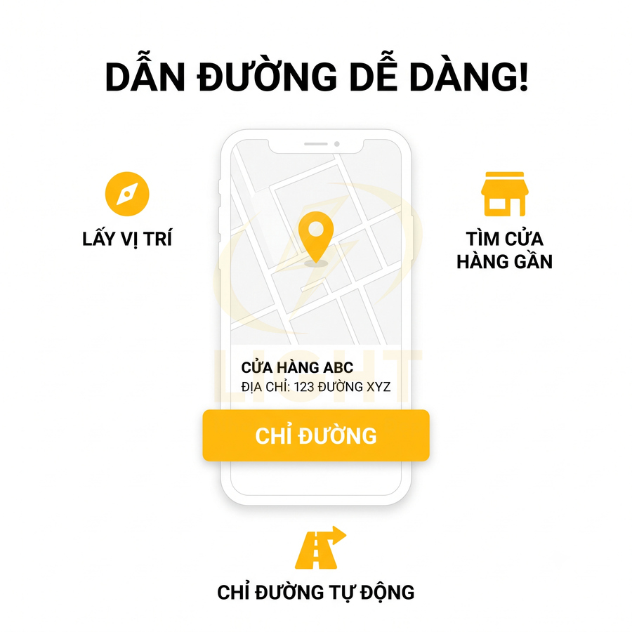 Giao diện ứng dụng bản đồ trên điện thoại với nút chỉ đường đến cửa hàng ABC và tính năng tìm cửa hàng gần