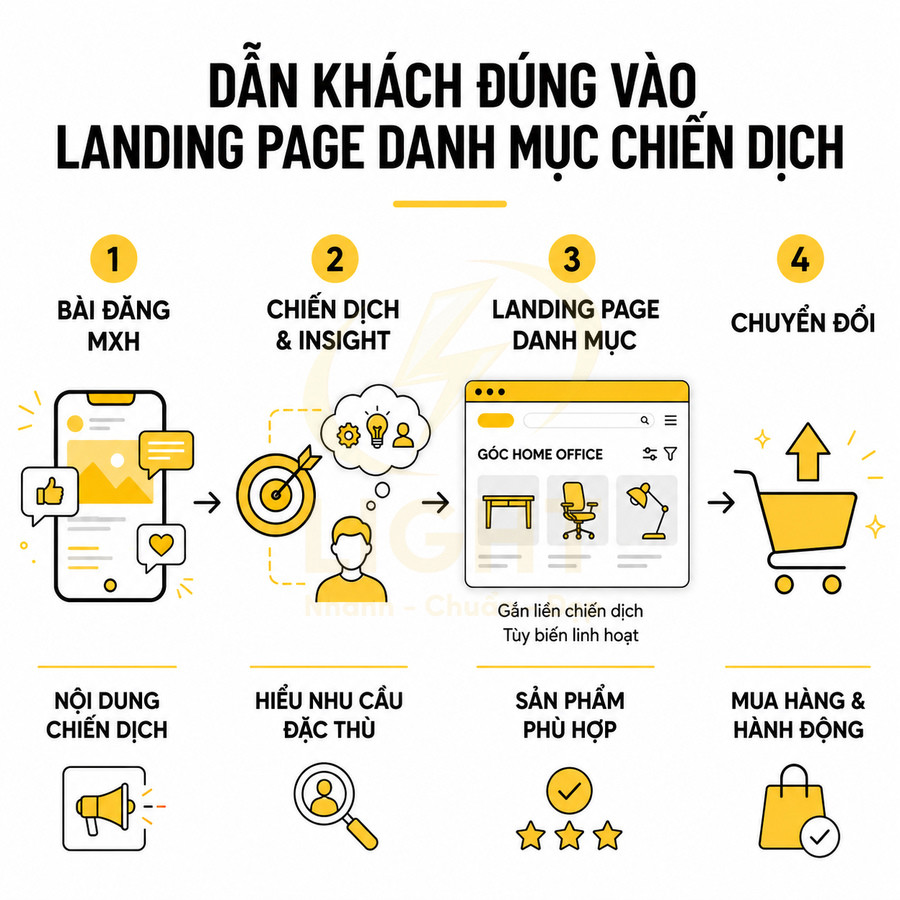 Quy trình dẫn khách từ bài đăng mạng xã hội đến landing page danh mục và chuyển đổi mua hàng online