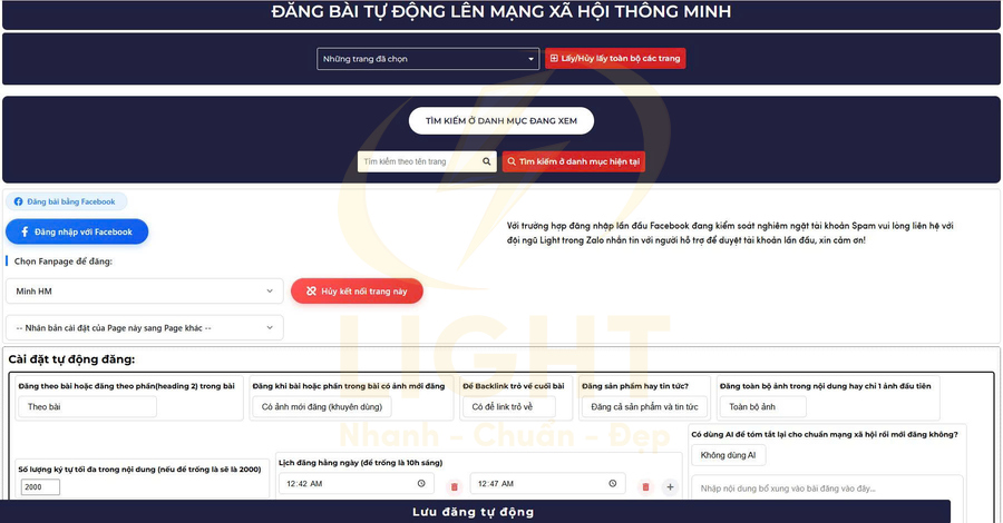 Giao diện phần mềm đăng bài tự động lên Facebook với các tùy chọn cài đặt và kết nối fanpage