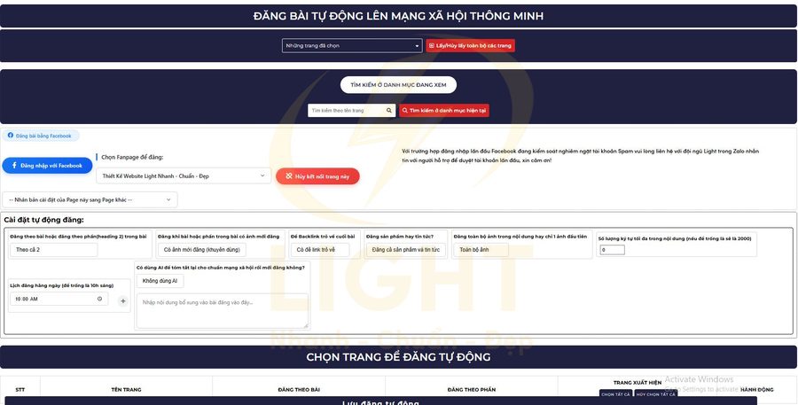 Giao diện phần mềm Light đăng bài tự động lên Facebook với các tùy chọn cài đặt và chọn fanpage