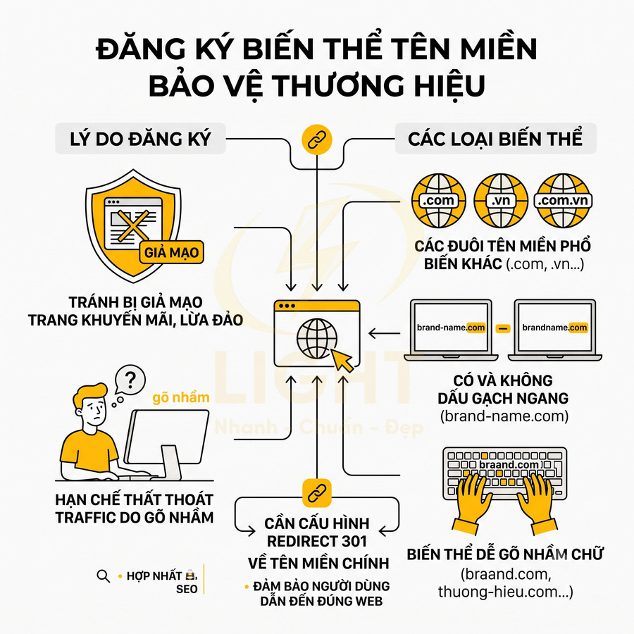Infographic hướng dẫn đăng ký biến thể tên miền để bảo vệ thương hiệu và tránh giả mạo, gõ nhầm, thất thoát traffic