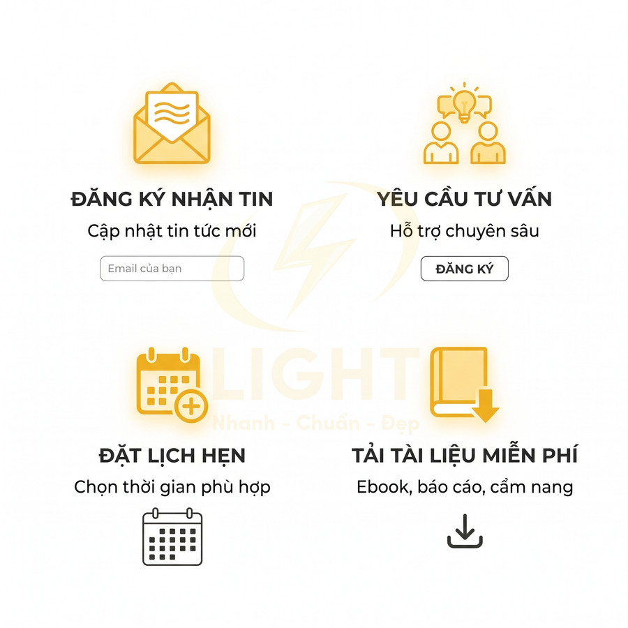 Giao diện website với các lựa chọn đăng ký nhận tin, yêu cầu tư vấn, đặt lịch hẹn và tải tài liệu miễn phí