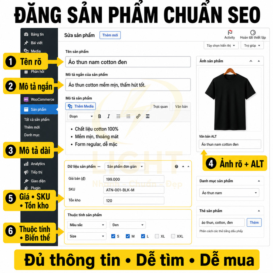 Hướng dẫn đăng sản phẩm áo thun nam cotton đen chuẩn SEO trên giao diện WooCommerce