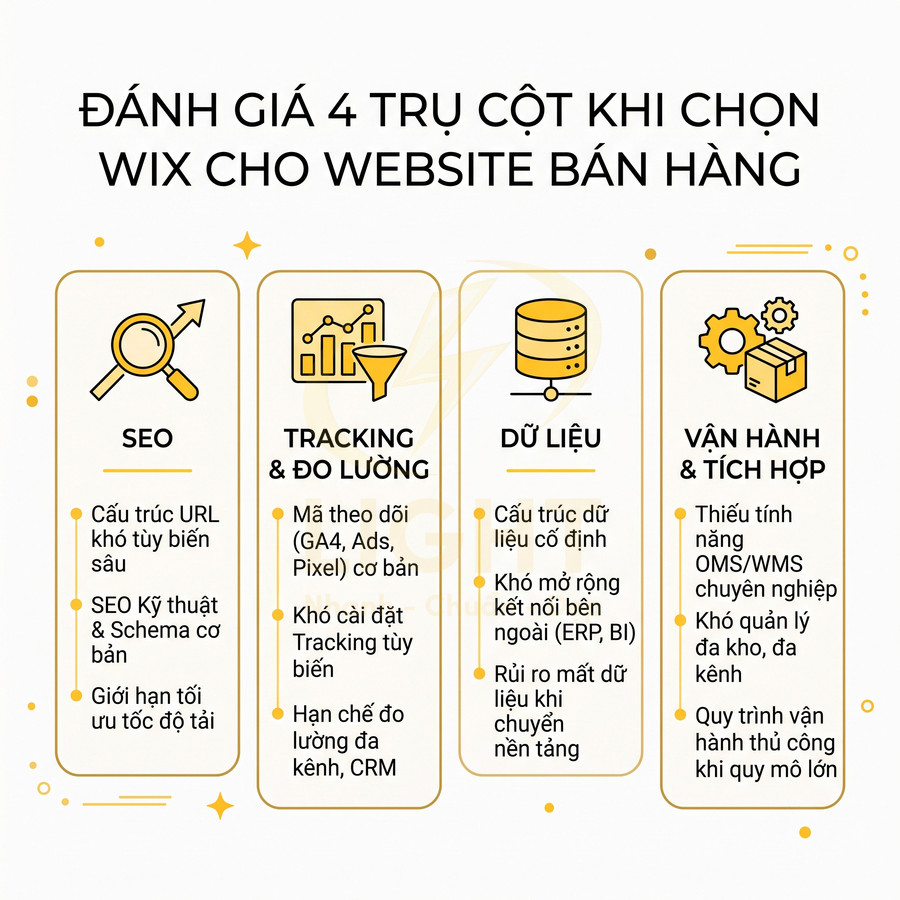 Đánh giá 4 trụ cột khi chọn nền tảng Wix cho website bán hàng gồm SEO, tracking, dữ liệu và vận hành