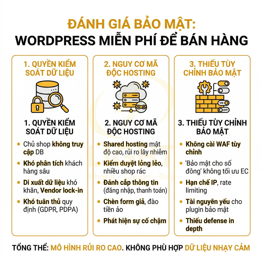 Infographic đánh giá bảo mật khi dùng WordPress miễn phí để bán hàng, nêu rủi ro dữ liệu, mã độc hosting và thiếu tùy chỉnh bảo mật