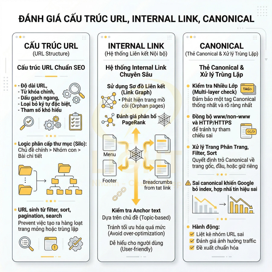 Hướng dẫn đánh giá cấu trúc URL, internal link và thẻ canonical chuẩn SEO với sơ đồ minh họa chi tiết