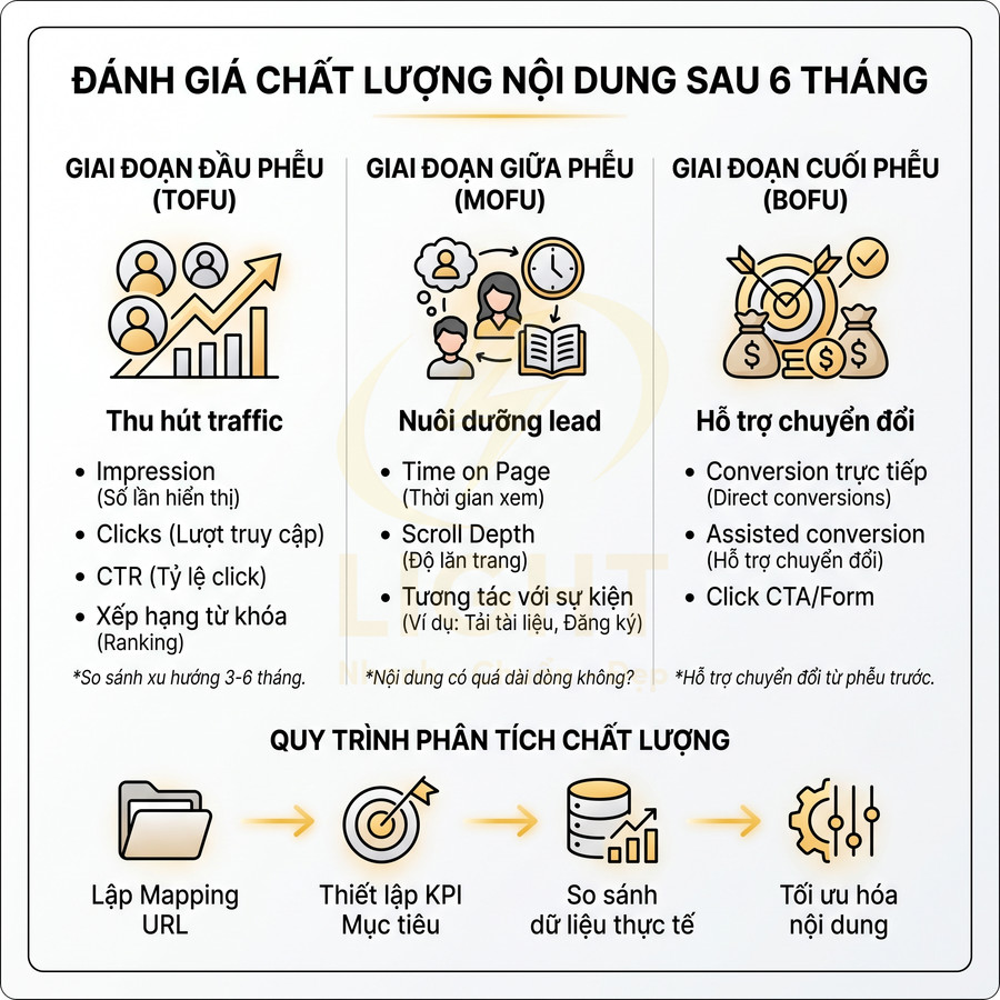 Quy trình đánh giá chất lượng nội dung sau 6 tháng theo 3 giai đoạn phễu marketing và các bước tối ưu hóa
