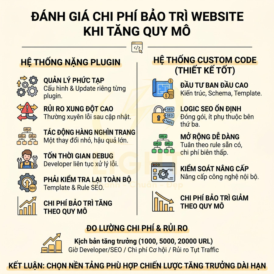 Infographic so sánh chi phí bảo trì website giữa hệ thống plugin và custom code khi tăng quy mô