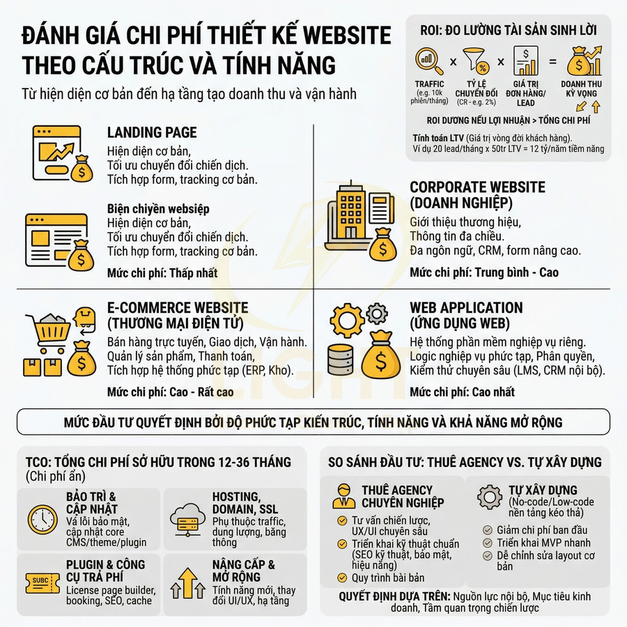 Infographic đánh giá chi phí thiết kế website theo loại landing page, doanh nghiệp, thương mại điện tử và ứng dụng web