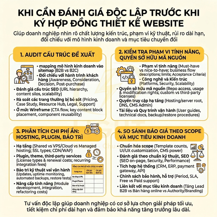 Infographic quy trình đánh giá độc lập trước khi ký hợp đồng thiết kế website cho doanh nghiệp