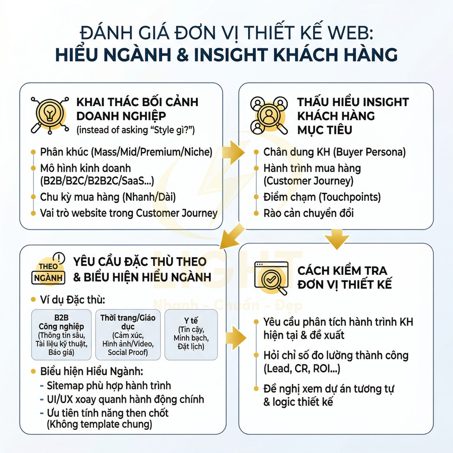 Infographic đánh giá đơn vị thiết kế web về hiểu ngành và insight khách hàng, quy trình phân tích và kiểm tra đối tác thiết kế