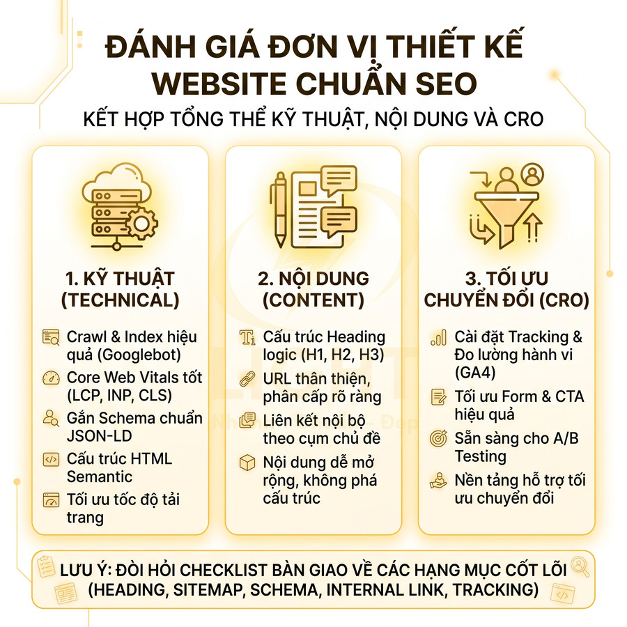 Checklist đánh giá đơn vị thiết kế website chuẩn SEO về kỹ thuật nội dung và tối ưu chuyển đổi CRO