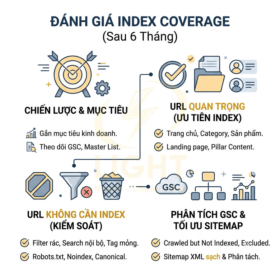 Infographic quy trình đánh giá index coverage sau 6 tháng với chiến lược URL quan trọng, URL không cần index và tối ưu sitemap