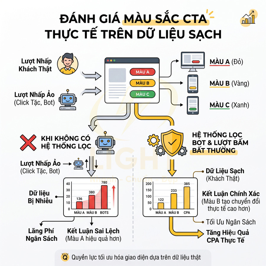 Minh họa hệ thống lọc bot để đánh giá hiệu quả màu sắc nút CTA dựa trên dữ liệu click sạch