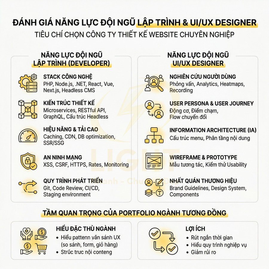 Infographic tiêu chí đánh giá năng lực đội ngũ lập trình và UI UX designer khi chọn công ty thiết kế website