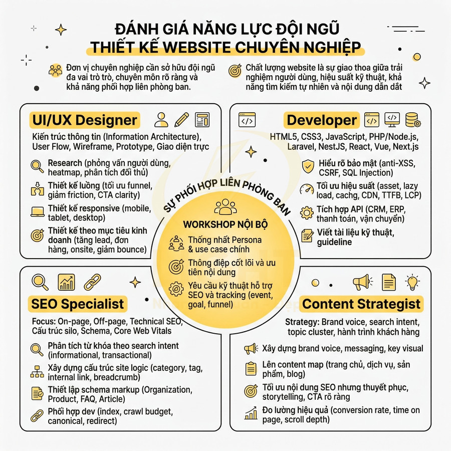 Infographic đánh giá năng lực đội ngũ thiết kế website chuyên nghiệp gồm UIUX Designer Developer SEO Specialist Content Strategist