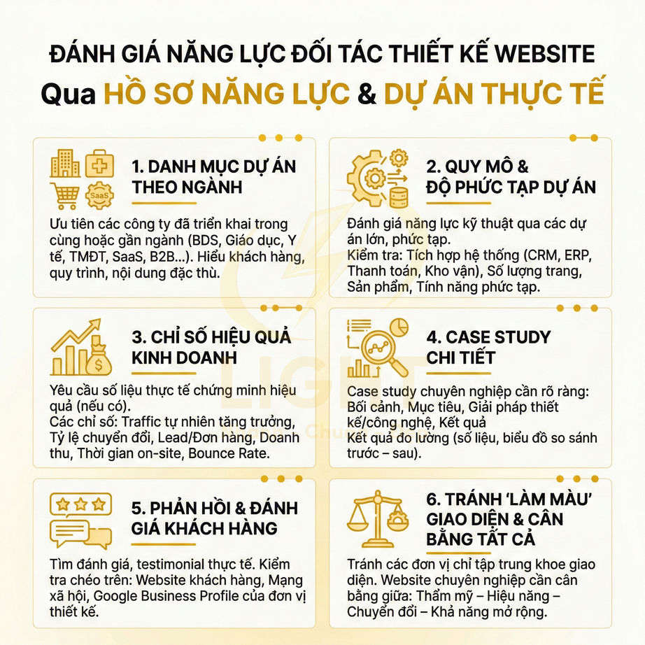 Infographic tiêu chí đánh giá năng lực đối tác thiết kế website qua hồ sơ năng lực và dự án thực tế