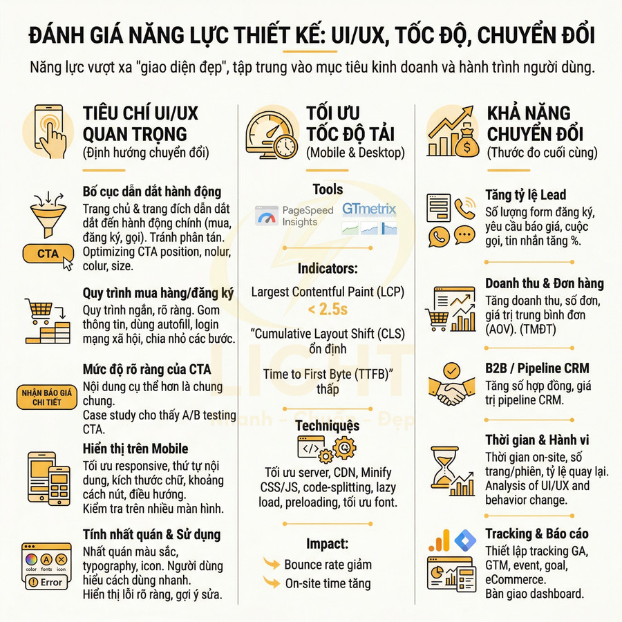 Infographic đánh giá năng lực thiết kế UI UX tối ưu tốc độ tải và khả năng chuyển đổi website