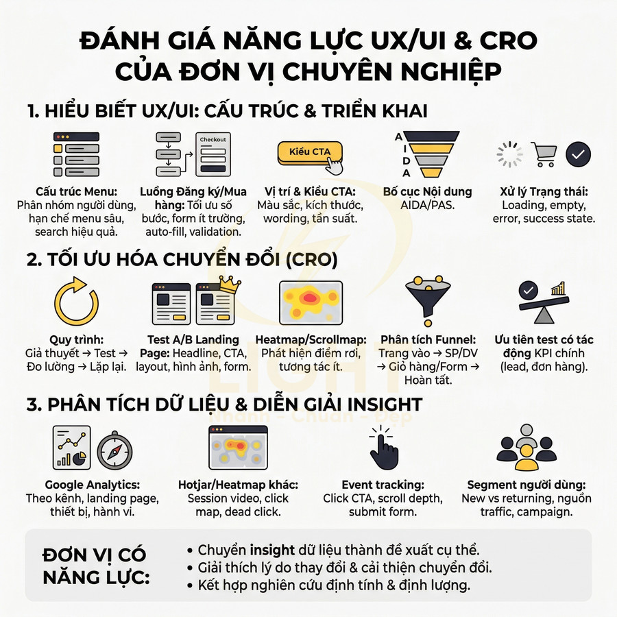 Infographic đánh giá năng lực UX UI và CRO của đơn vị chuyên nghiệp với các bước tối ưu chuyển đổi và phân tích dữ liệu