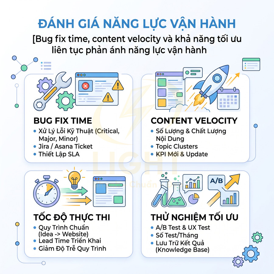 Đánh giá năng lực vận hành marketing với bug fix time, content velocity, tốc độ thực thi và thử nghiệm tối ưu