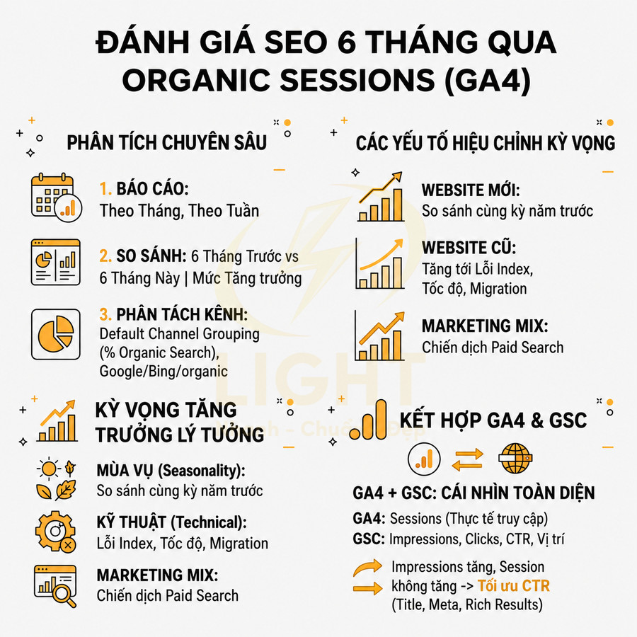 Infographic đánh giá SEO 6 tháng qua organic sessions với phân tích GA4 và kết hợp GA4 GSC