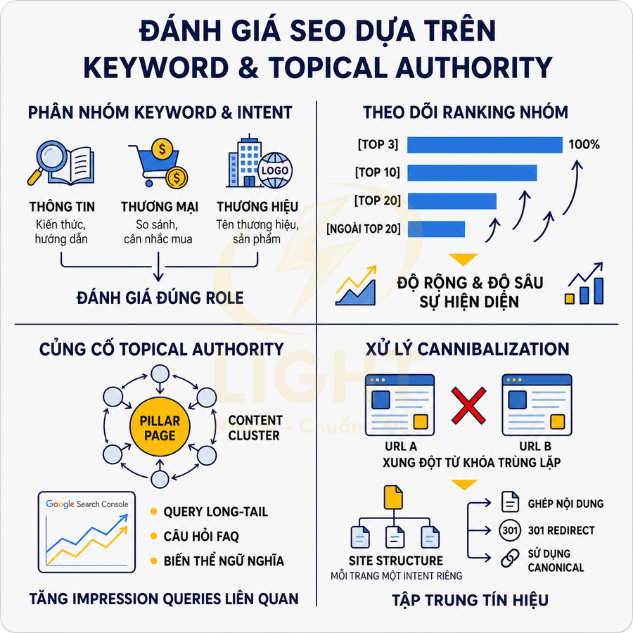 Infographic hướng dẫn đánh giá SEO theo keyword và topical authority, phân nhóm intent, theo dõi ranking và xử lý cannibalization