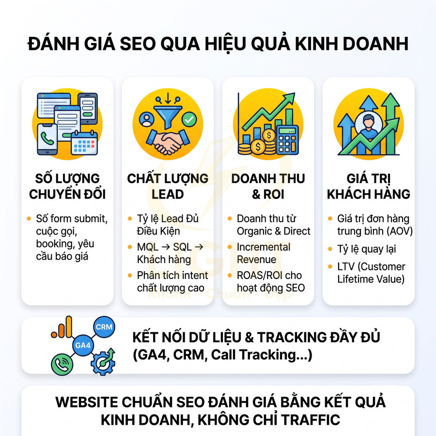Infographic đánh giá hiệu quả SEO qua số lượng chuyển đổi, chất lượng lead, doanh thu ROI và giá trị khách hàng