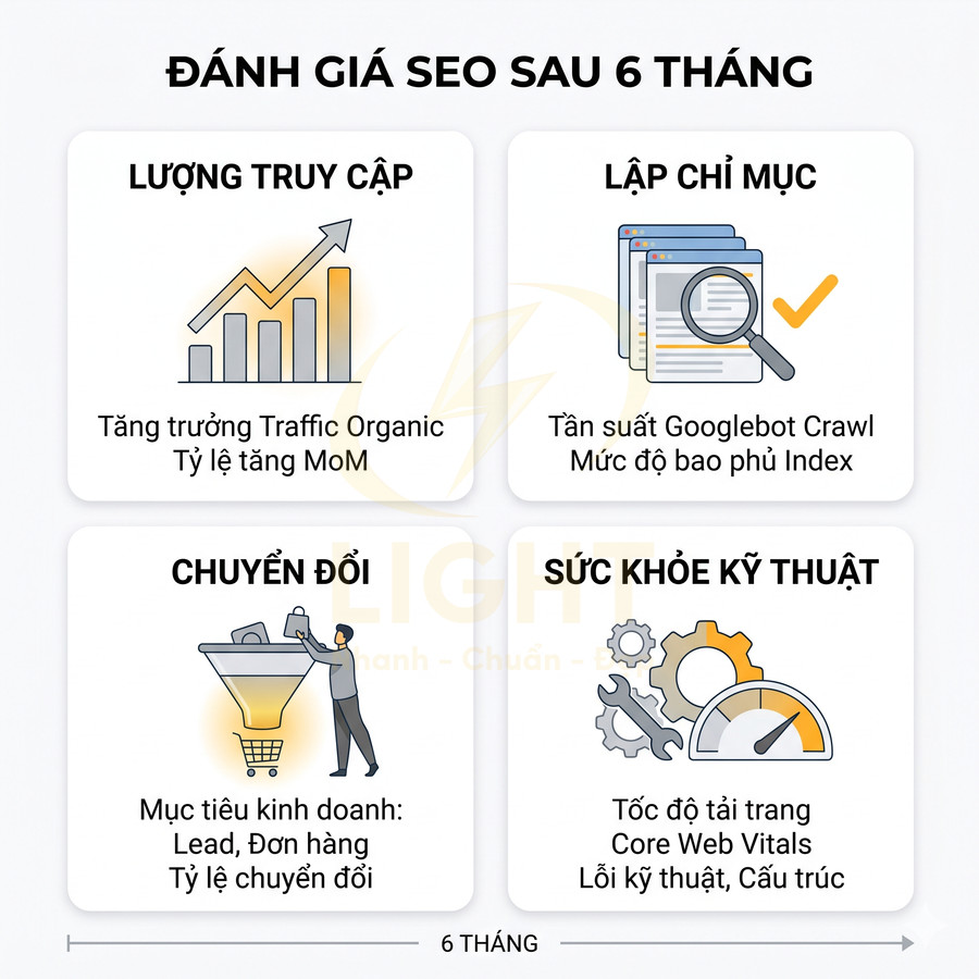 Các chỉ số đánh giá hiệu quả SEO sau 6 tháng gồm traffic, lập chỉ mục, chuyển đổi và sức khỏe kỹ thuật