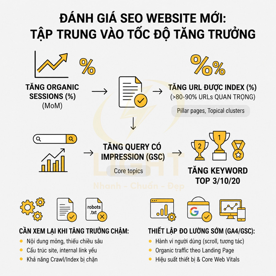Infographic đánh giá SEO website mới tập trung vào tốc độ tăng trưởng traffic, index URL và thứ hạng từ khóa