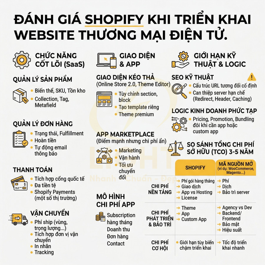 Đánh giá ưu nhược điểm Shopify khi triển khai website thương mại điện tử so với nền tảng mã nguồn mở
