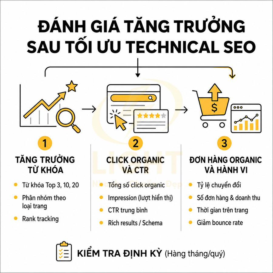 Đánh giá tăng trưởng sau tối ưu technical SEO với ba bước từ từ khóa đến click và đơn hàng organic