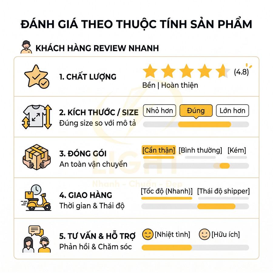 Bảng tiêu chí đánh giá sản phẩm gồm chất lượng, kích thước, đóng gói, giao hàng, tư vấn hỗ trợ