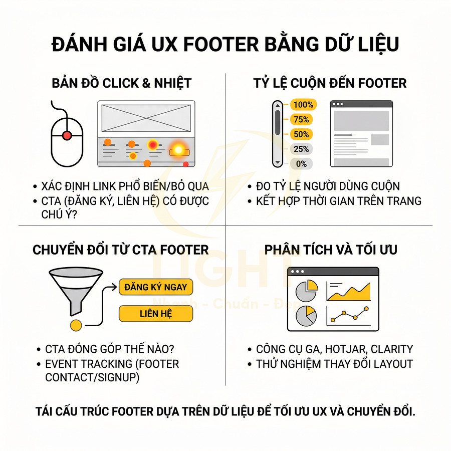 Hướng dẫn đánh giá và tối ưu UX footer website bằng bản đồ nhiệt, tỷ lệ cuộn, CTA và công cụ phân tích dữ liệu