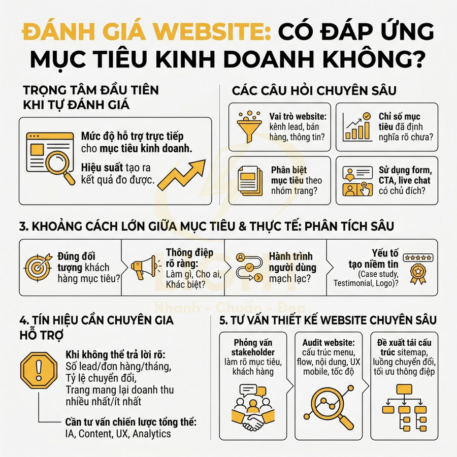 Hướng dẫn đánh giá website có đáp ứng mục tiêu kinh doanh với các câu hỏi, phân tích và tư vấn tối ưu chuyển đổi